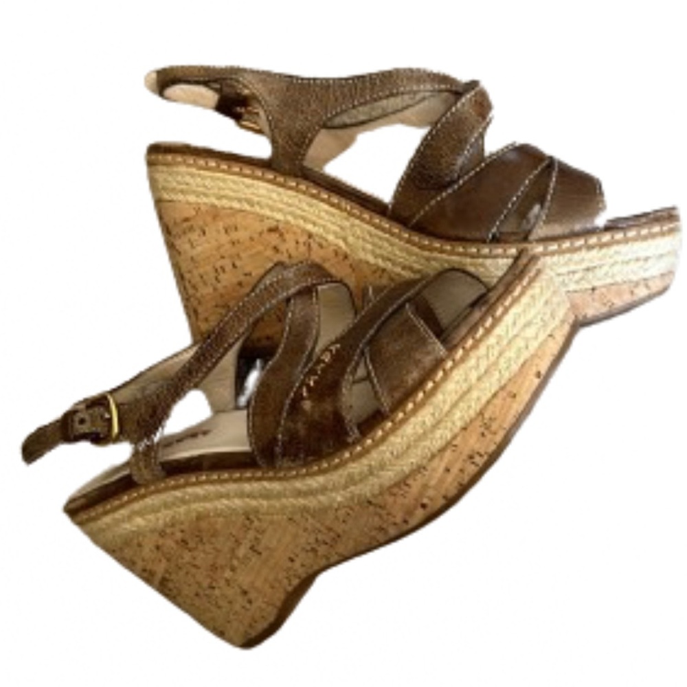 Prada Sport Brown Leather strappy cork wedge platform sandals size 36 US 6